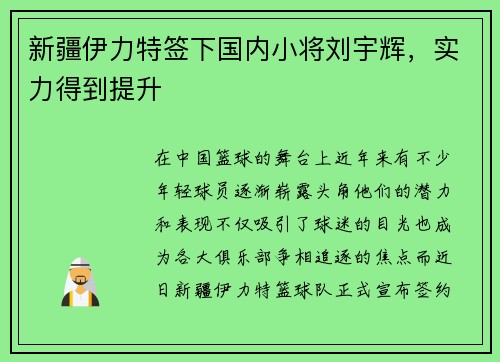 新疆伊力特签下国内小将刘宇辉，实力得到提升